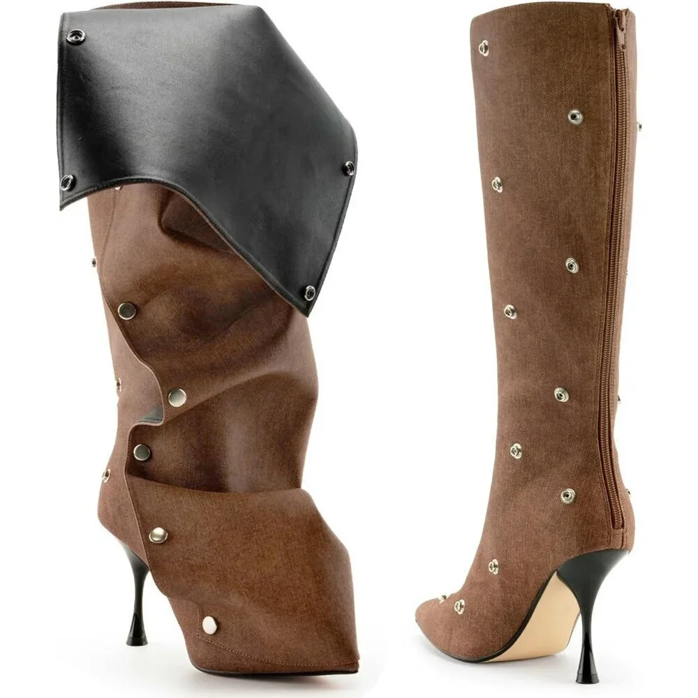 Women Brown Suede Detachable Snap-off Panel Fold Over Fall Shark Knee High Boot